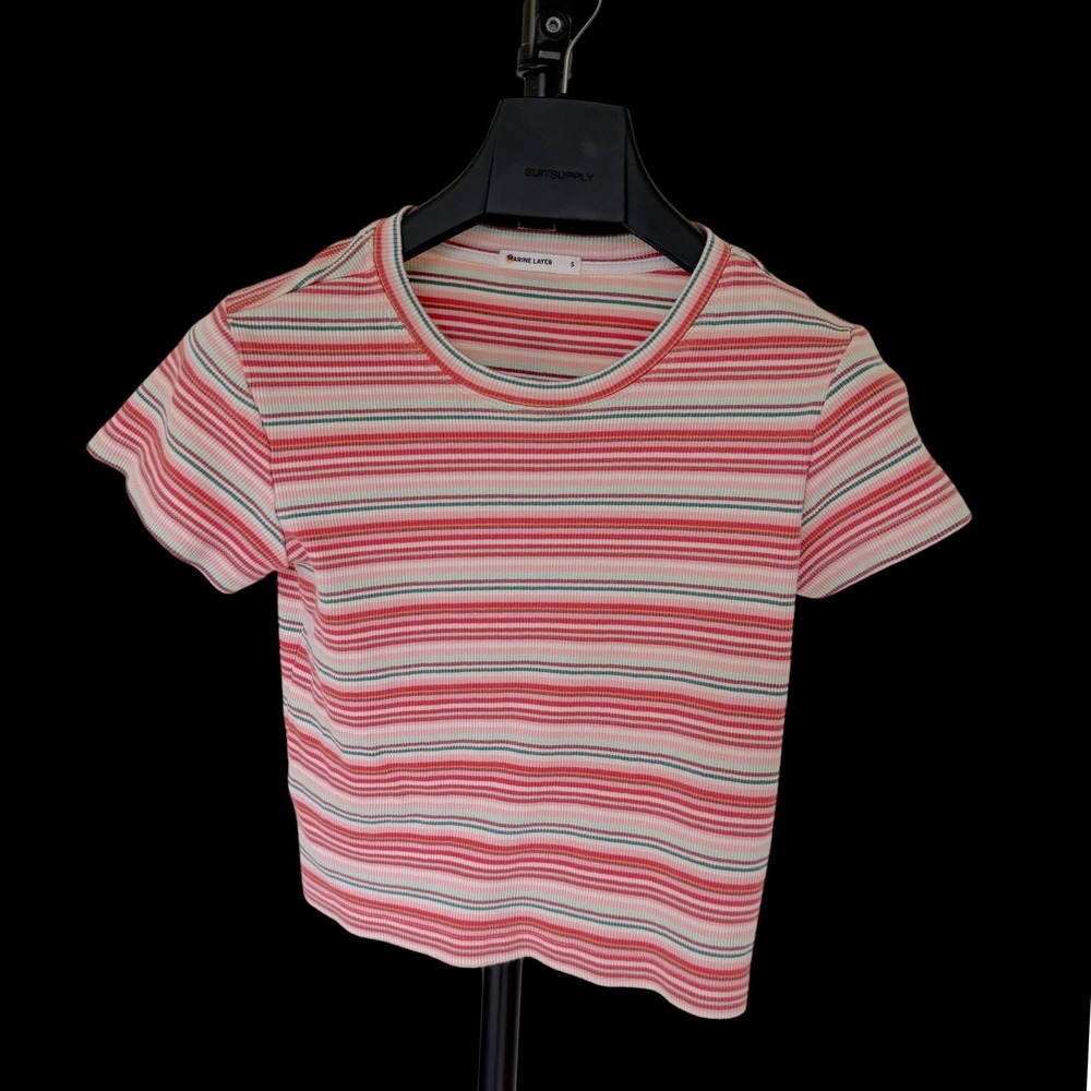 Marine Layer Womens Short Sleeve Rib Knit Striped Tee Red Pink Green Small